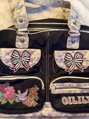 Oilily Black Tote with Lavender Lace Trim & Pink Bow Appliqués